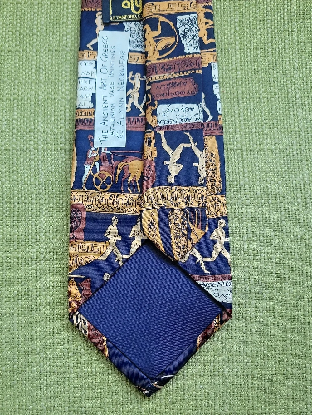 Alynn Neck Wear . Silk Men's Necktie with Classical Greek Motif - Navy & Gold
